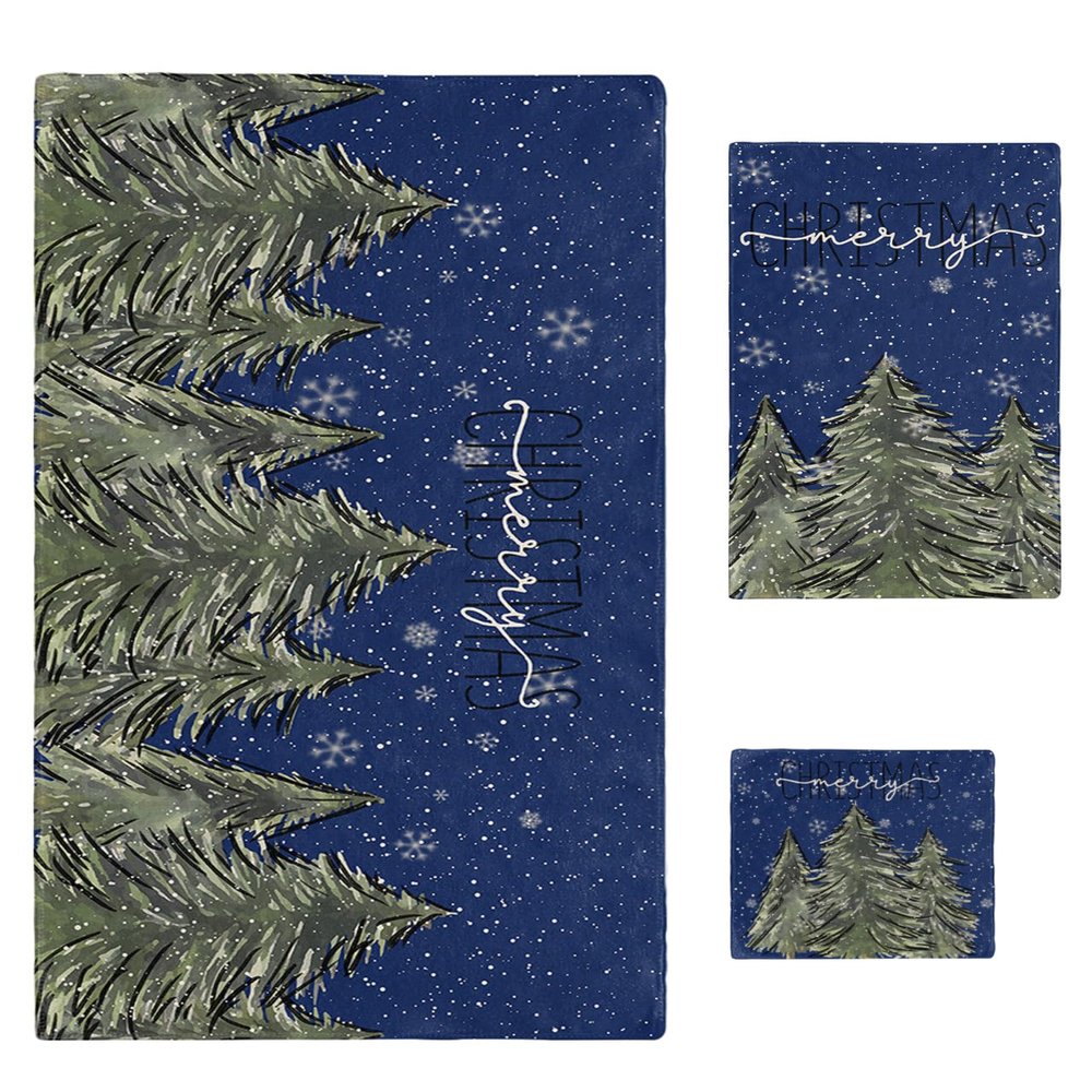 Forest Snow Tree Bath Towels for Bathroom Set - Christmas Winter Snowflake Navy Green Luxury Microfiber Towels Gifts for Women,Quick Dry Beach Kitchen Hand Towel and Dish Washcloth Yoga Towels+Set