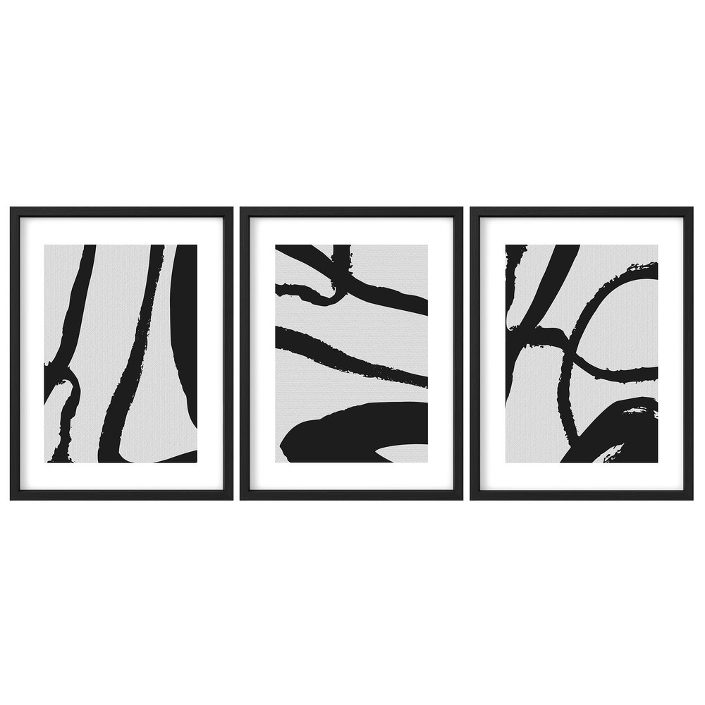 SIGNLEADER Framed Wall Art Collage Print Set, Black & Gray Geometric Paint Stroke Lines Shapes Abstract Illustrations Decorative Nordic for Living Room, Bedroom, Office -12" x 16" x 3 Black
