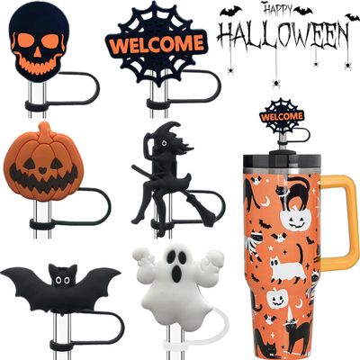 6 Pack Halloween Straw Covers, Reusable Silicone Ghost Straw Toppers for Stanley, Stanley Cup Accessories for Stanley 30&40oz Tumbler Cup Halloween Decoration