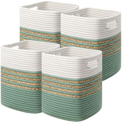 UBBCARE Set of 4 Storage Cubes 13 X 13 X 13 in, Water Hyacinth Storage Bins for Shelves, Toys, Book, Storage Baskets with Handles, Cotton Rope Woven Baskets for Organizing, Green