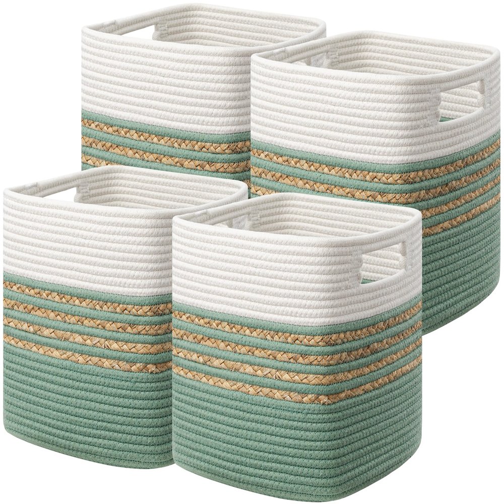 UBBCARE Set of 4 Storage Cubes 13 X 13 X 13 in, Water Hyacinth Storage Bins for Shelves, Toys, Book, Storage Baskets with Handles, Cotton Rope Woven Baskets for Organizing, Green