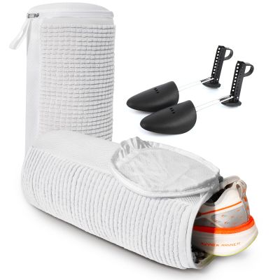 Shoe Washing Machine Bag, 360 Wrap-around Cleaning Laundry Bags with 2 Adjustable Shoe Trees, Reusable Wash Bag Lockable Zipper with Fluffy Fibers for Sneaker Gym