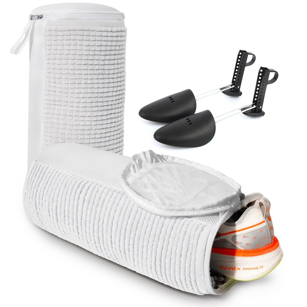 Shoe Washing Machine Bag, 360 Wrap-around Cleaning Laundry Bags with 2 Adjustable Shoe Trees, Reusable Wash Bag Lockable Zipper with Fluffy Fibers for Sneaker Gym