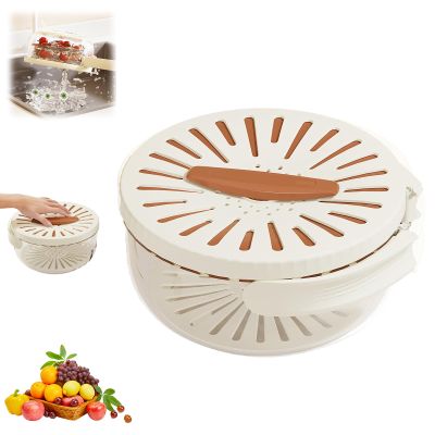 2024 New Draining Basket with Lid, Colander Strainer Bowl with Foldable Handles, Multi-Functional Double Layer Fruit and Vegetable Kitchen Sink Strainer for Washing Draining Fresh Storage (Brown)