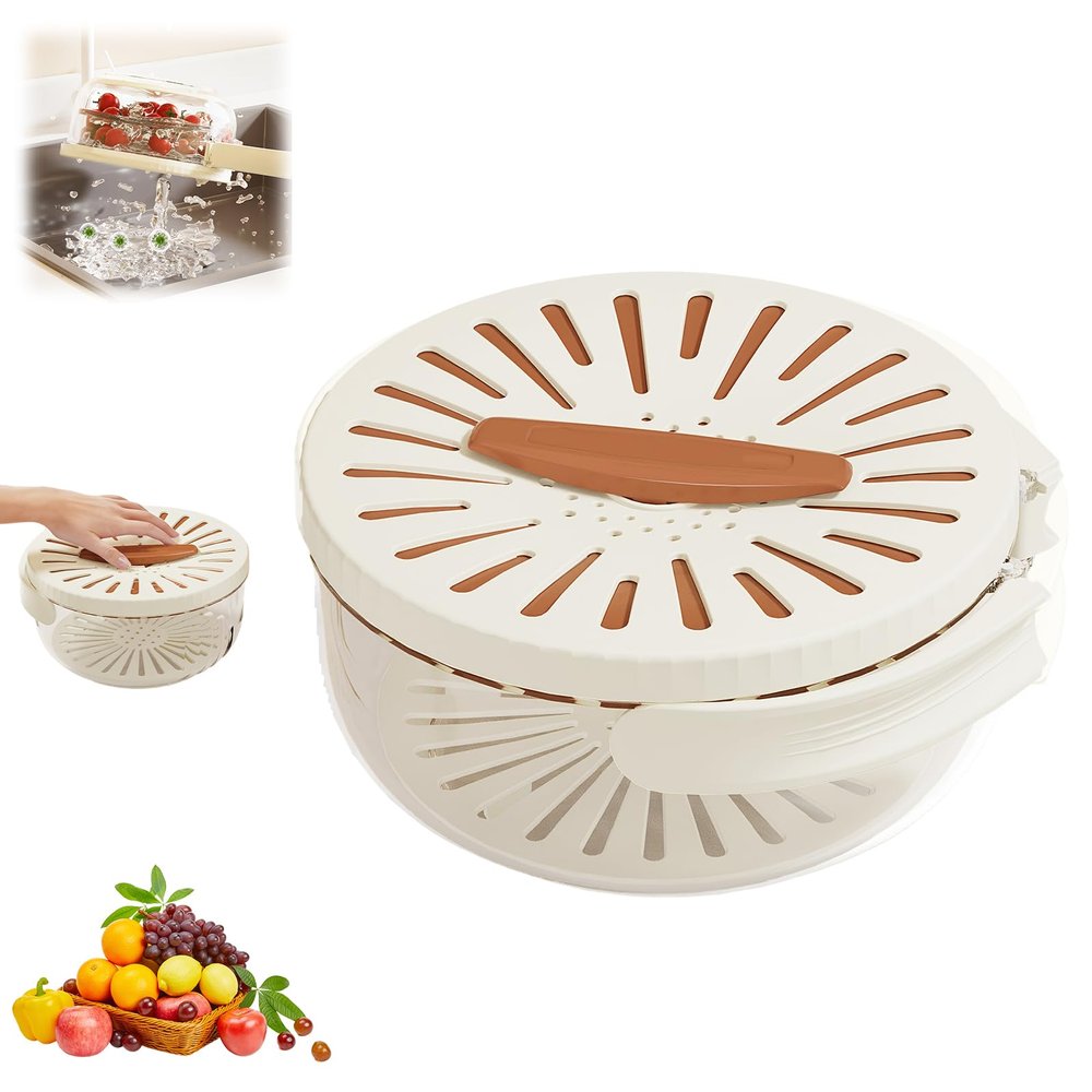 2024 New Draining Basket with Lid, Colander Strainer Bowl with Foldable Handles, Multi-Functional Double Layer Fruit and Vegetable Kitchen Sink Strainer for Washing Draining Fresh Storage (Brown)