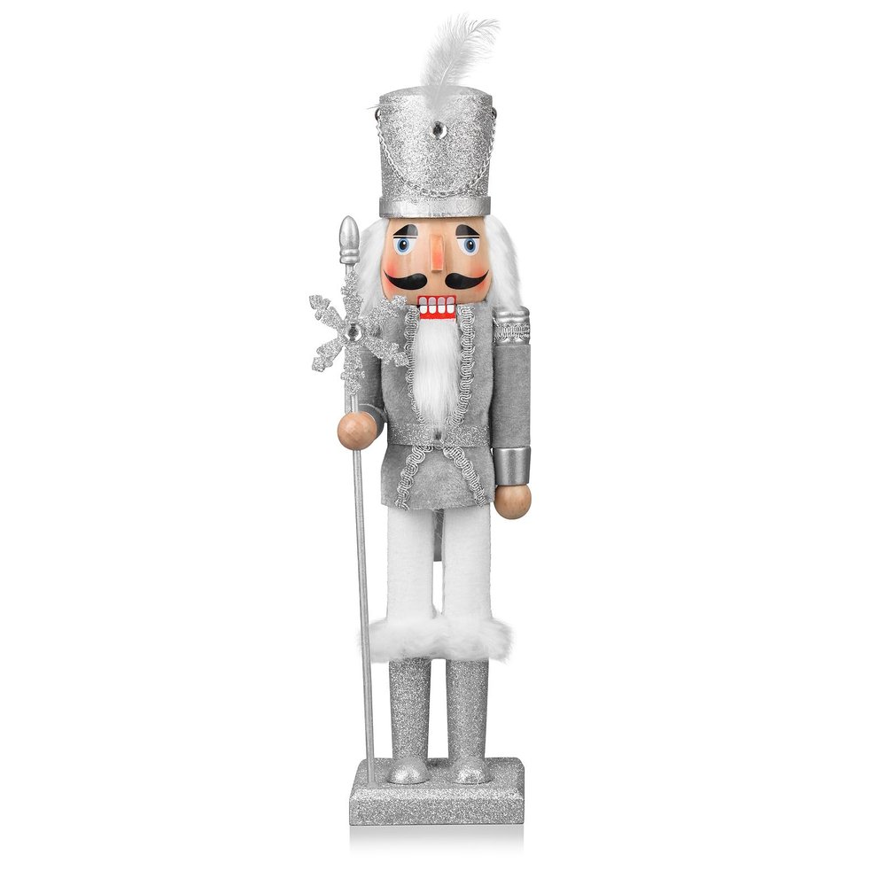 ArlinaL Wooden Christmas Soldier Nutcracker Decorations, 15 Inch Nutcracker Figure Christmas Decor for Shelves and Tables (Silver)