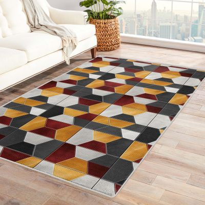 Vydddom Modern Hexagon Rug - 7x9 Geometric Pattern, Washable Non Slip Soft Indoor Carpet for Living Room & Bedroom