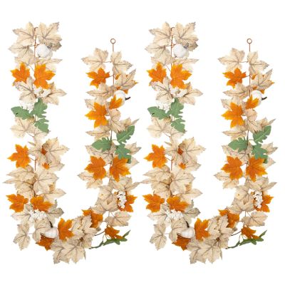 2 PCS 6FT Fall Garland Maple Leaf,Artificial Garlands with White Berry Pumpkin,Hanging Vine Autumn Garland Thanksgiving Christmas Decor for Fireplace Wall Window Indoor Outdoor Home
