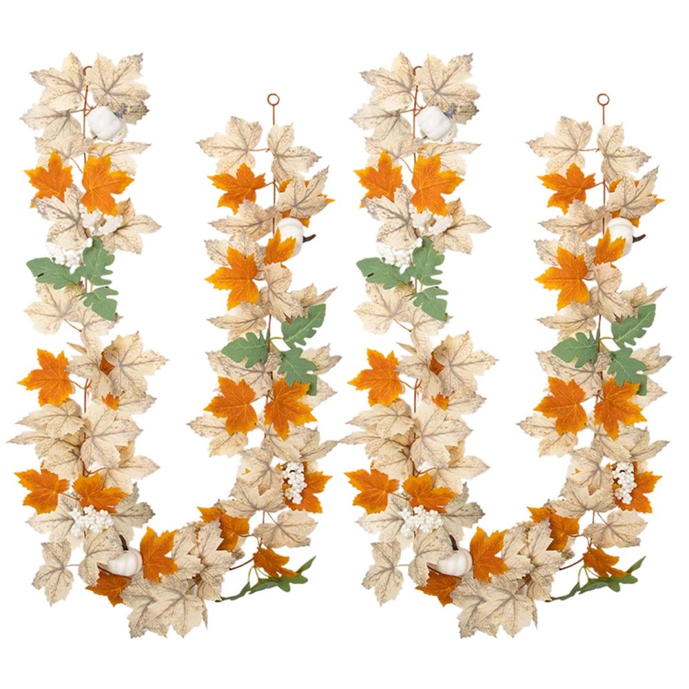 2 PCS 6FT Fall Garland Maple Leaf,Artificial Garlands with White Berry Pumpkin,Hanging Vine Autumn Garland Thanksgiving Christmas Decor for Fireplace Wall Window Indoor Outdoor Home