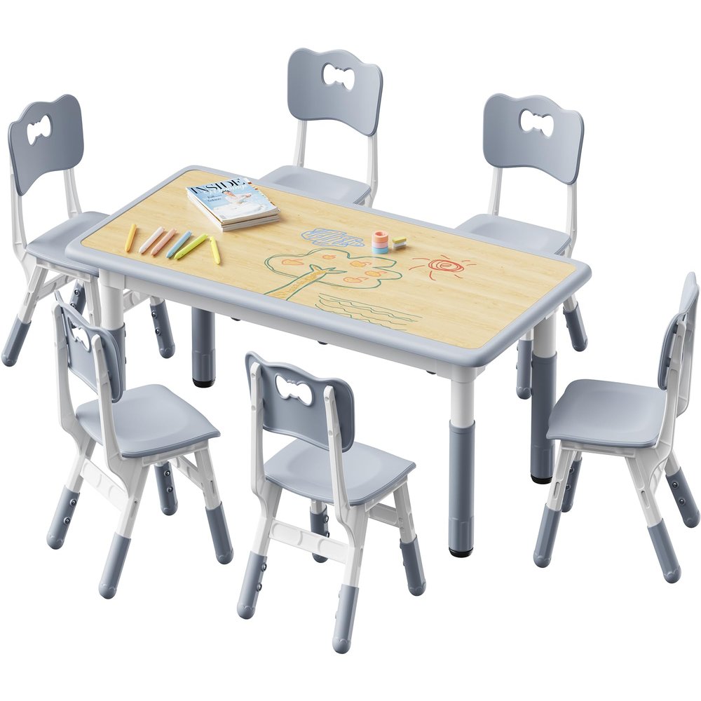 Brelley Kids Table and 6 Chairs Set, Height Adjustable Toddler Desk and Chair Set, Graffiti Desktop, Classroom/Daycare/Home, Children Multi-Activity Table for Ages 2-8
