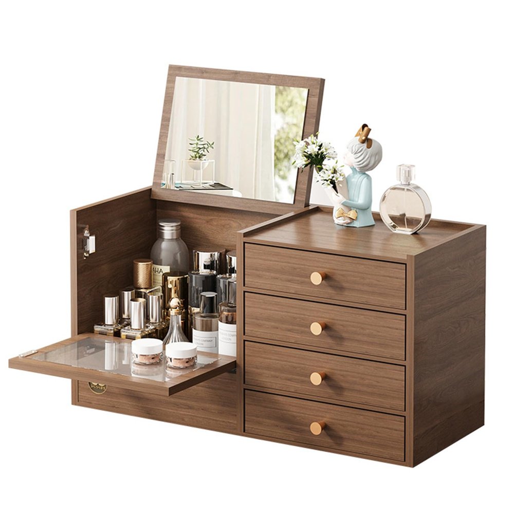 DTSMBTZ Jewelry and Makeup Storage Box with Mirror, DIY Organizer for Bedroom, Bathroom, Living Room, Brown