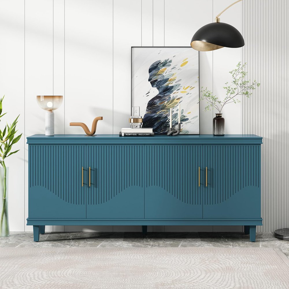 Bituman 70.07''Large Size 4-Door Buffet Cabinet with Storage, Modern Free Standing Kitchen Sideboard with 4 Metal Handles and Adjustable Shelves for Dining Room Living Room Hallway, Peacock Blue
