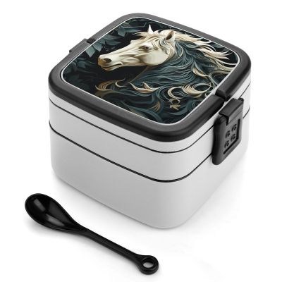 BTCOWZRV Horse Pattern Bento Box with Compartments Double Layer Bento Lunch Box with Spoon And Handle All-in-One Adult Lunchbox Leakproof Lunch Container for Work Picnic Travel