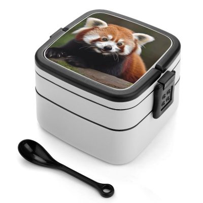 BTCOWZRV Animal Red Panda Bento Box with Compartments Double Layer Bento Lunch Box with Spoon And Handle All-in-One Adult Lunchbox Leakproof Lunch Container for Work Picnic Travel