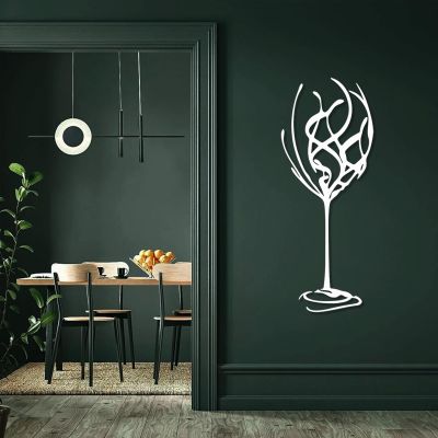 Wine Glass Metal Wall Decor, Glass Wall Art, Wine Bar Metal Sign, Line Art Wall Decor Dining Room, Home Bar (White, 24"x10" | 60x24cm)