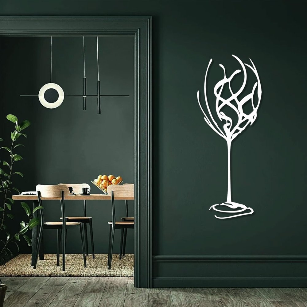 Wine Glass Metal Wall Decor, Glass Wall Art, Wine Bar Metal Sign, Line Art Wall Decor Dining Room, Home Bar (White, 24"x10" | 60x24cm)