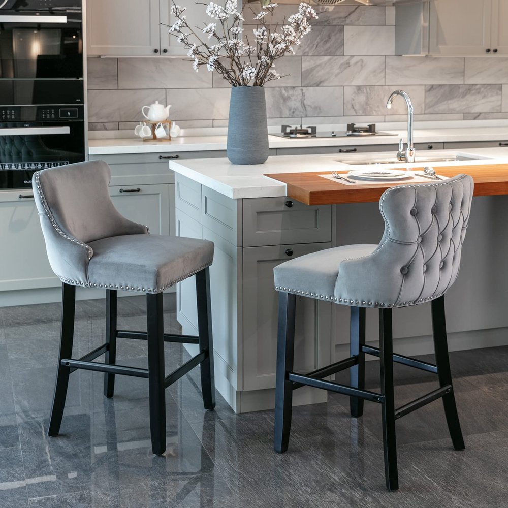 YiaFurio Counter Height Bar Stools Set of, 26" H Swivel Bar Stool with Wing-Back,Velvet Counter Stool, Solid Wood Legs, Retro Upholstered Barstools for Kitchen Island, Home Bar, Pub
