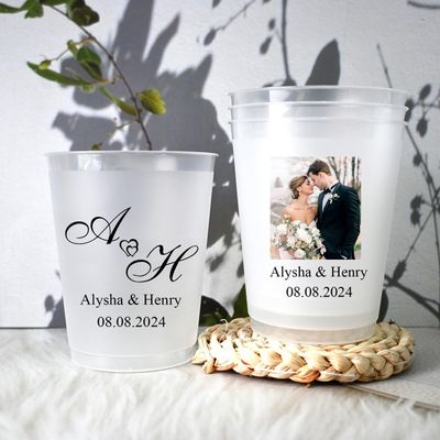 30 Pack Personalized Wedding Cups, Frosted Cups 12oz, Customized Shatterproof Frost Cups, Wedding Toast Cups, Custom Reception Bar Cups, Monogram Cups, Reusable Party Cups