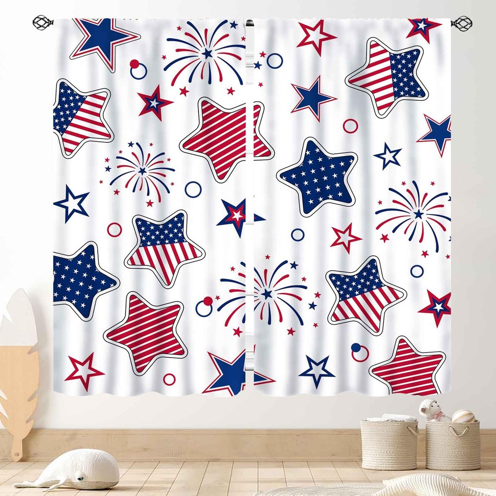 4th of July Curtains, Independence Day Patriotic Star Fireworks American Flag Farmhouse Country Red White Blue Window Drapery Treatments for Bedroom Living Room Kitchen Bathroom 2 Panels, 63"x63" Inch