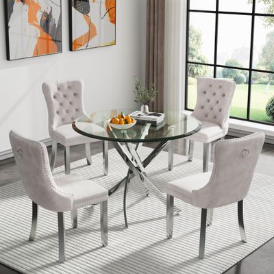 Goderfuu 36" Modern Round Table Set of 4, Tempered Glass Top and 4 Beige Velvet Chairs, Luxury Kitchen Table with Silver Stainless Steel X-Legs, 5 Piece Circle Dining Set