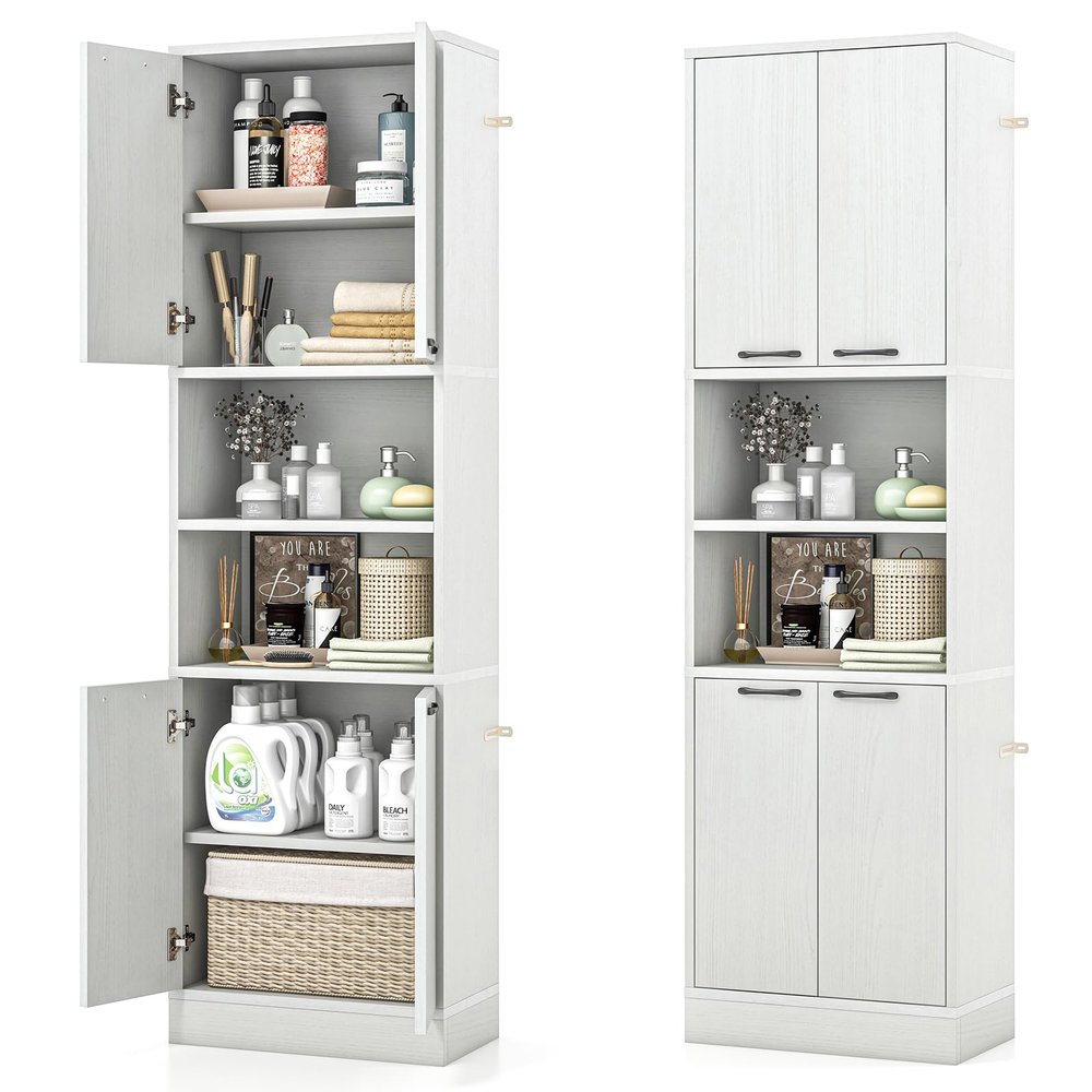 Tangkula 75" Tall Bathroom Storage Cabinet, Bathroom Floor Cabinet with 4 Doors & 2 Open Shelves, 4 Anti-toppling Devices, Freestanding Large Cabinet for Bathroom Living Room Kitchen (White Oak, 75"H)