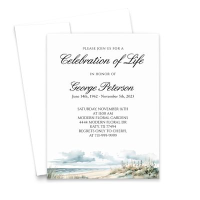 Custom Celebration of Life Invitation Cards and Envelopes, FLAT Personalized Memorial Card for Funeral Beach, Elegant Script Invitations Funerals, Landscape, Your Choice of Quantity and Envelope Color