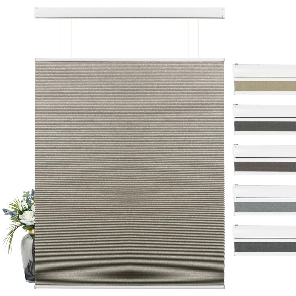 BERISSA Top Down Bottom Up Cordless Cellular Shades, Pull Down Blackout Jacquard Streaks Fabric Honeycomb Blinds for Window and Skylights(55" W x 64" H) Beige