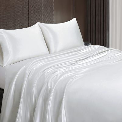 Threadinbox 100% Mulberry Silk Duvet Cover Set - 1-Piece Set - 30 Momme Grade 6A Mulberry Silk - Features Zipper Closure and Corner Ties, King/Cal-King 94x104 (1 Piece)- White Solid