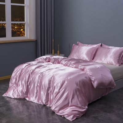 Threadinbox 100% Mulberry Silk Duvet Cover Set - 3-Piece Set - 30 Momme Grade 6A Mulberry Silk - Features Zipper Closure and Corner Ties, Twin/Twin XL 68x90 (3 Piece)- Pink Solid
