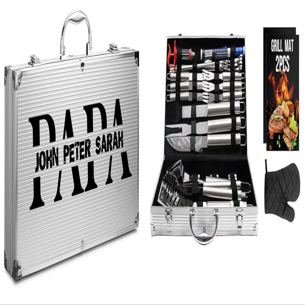 Custom BBQ Set - Personalized Grill Set - BBQ Tool Set - 34-Piece Stainless Steel Barbecue Grilling Accessories with Aluminum Storage Case - Complete Outdoor Grill Kit for Dad- Gift for Men