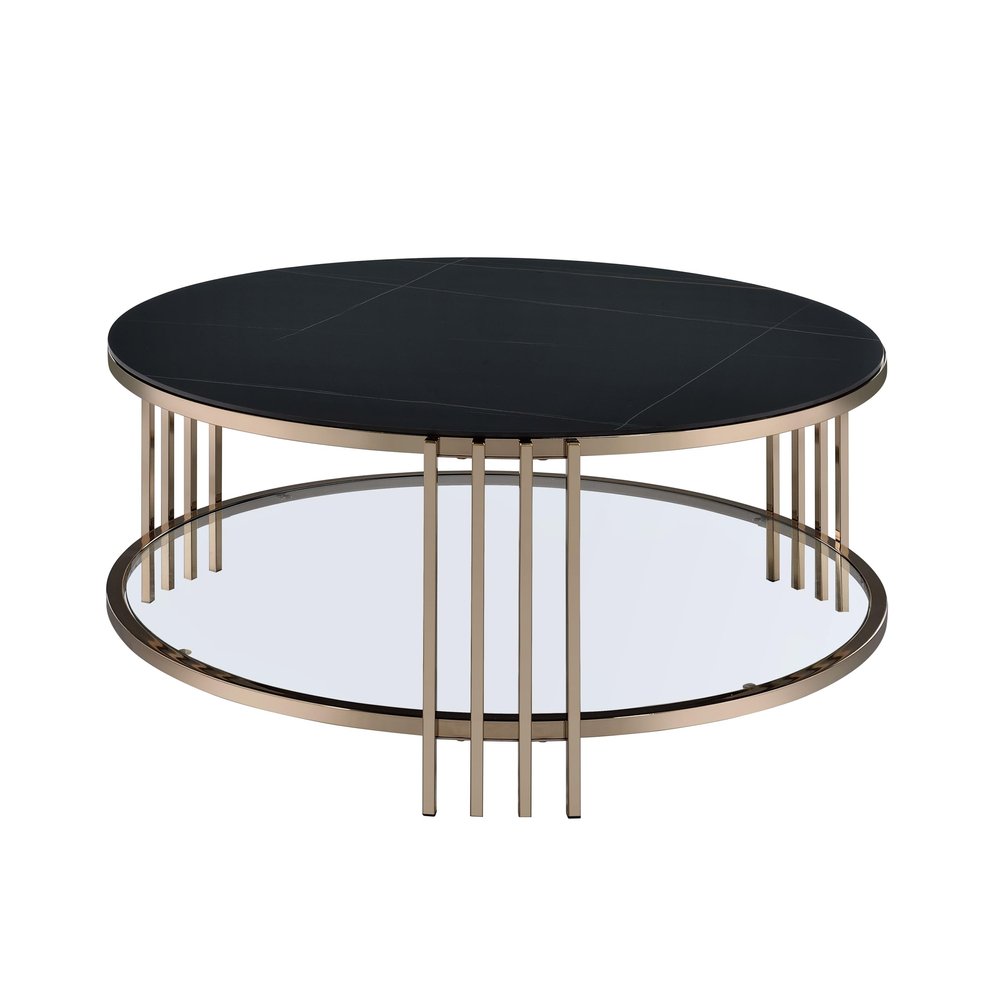 Acme Abisha Metal/Glass Coffee Table with Stone Top in Black/Champagne Gold