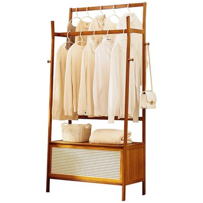 Coat Rack Garment Rail Bamboo Clothes Rail Stand, Stable Clothes Rack With Double Clothes Rail, Free Standing Garment Rack With Storage Shelves Coat Rack For Dr