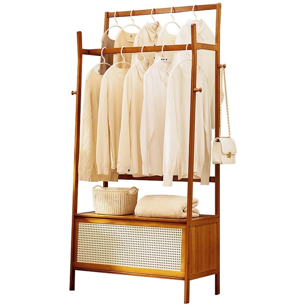 Coat Rack Garment Rail Bamboo Clothes Rail Stand, Stable Clothes Rack With Double Clothes Rail, Free Standing Garment Rack With Storage Shelves Coat Rack For Dr