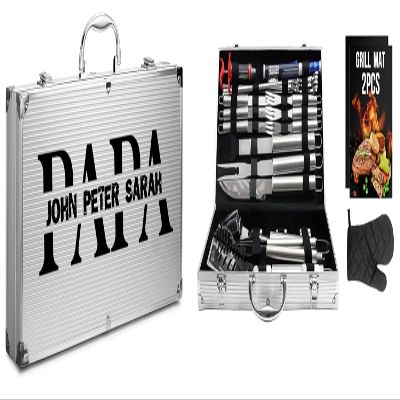 Custom Grill Set- Grill Tools- Engraved BBQ Set- Utensil Set - 34-Piece Stainless Steel Barbecue Grilling Accessories with Aluminum Storage Case - Complete Outdoor Grill Kit for Dad- Gift for Men