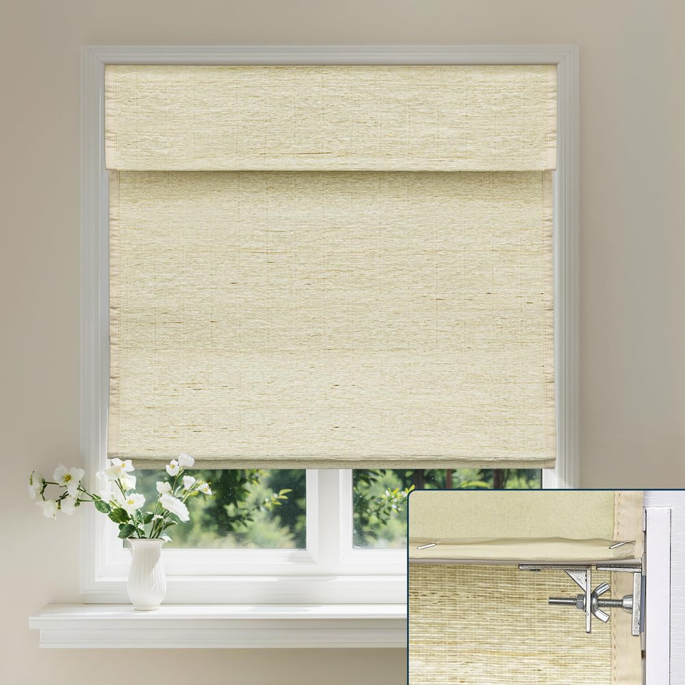 Pasoun No Drill No Tools Roman Shades Cordless Natural Fabric Roman Window Blinds Custom Roll Up Shades for Home (Beige Stripe-Blackout, 25" W x 80" H)