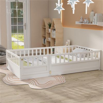 CIGEGE Twin Size Floor Bed, Integral Construction with Super high Security Barrier, Door, Children's Floor Bed Frame, Montessori Wooden Children's Floor Bed, Support Slat White