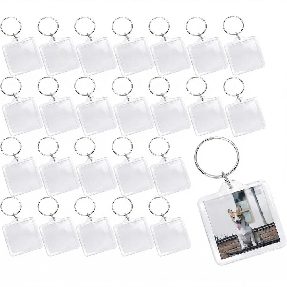 Happyupcity 25Pcs 1.3x1.3 Inch Clear Acrylic Photo Frame Keychains Blank Insert Keyrings with Split Ring for Personalized DIY Gifts & Artwork