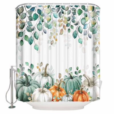 Futuregrace Thanksgiving Green Pumpkin Shower Curtain, Fall Eucalyptus Leaves Waterproof Fabric Shower Curtain Set with Hook for Bathroom,Farm Pumpkin Bath Curtain for Bathtubs Decor 66"x72"
