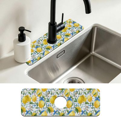 Faucet Mat for Kitchen Sink Watercolor Lemon Blue Geometric Sink Splash Guard Behind Faucet Soft Diatom Mud Material Non-slip Easy to Clean for Bathroom & Kitchen 15"X5.5"