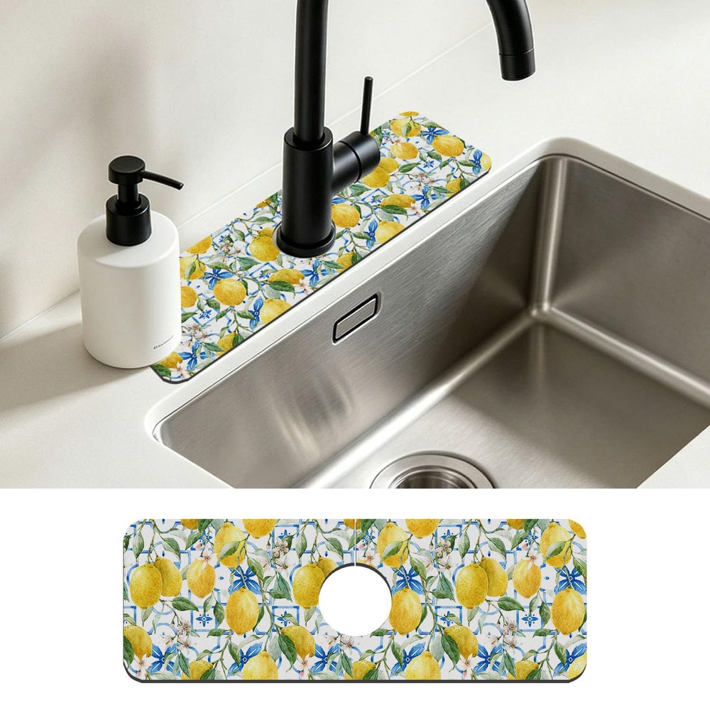 Faucet Mat for Kitchen Sink Watercolor Lemon Blue Geometric Sink Splash Guard Behind Faucet Soft Diatom Mud Material Non-slip Easy to Clean for Bathroom & Kitchen 15"X5.5"