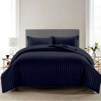 Saferay Green Striped Duvet Cover Set - Alaskan King Size, 1 Duvet Cover, 2 Pillow Shams, Zipper Closure & Corner Tie, 100% Egyptian Cotton (132x120 Inch, Navy Blue)