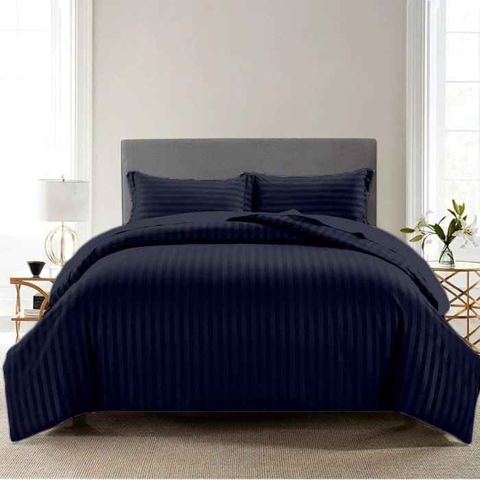 Saferay Green Striped Duvet Cover Set - Alaskan King Size, 1 Duvet Cover, 2 Pillow Shams, Zipper Closure & Corner Tie, 100% Egyptian Cotton (132x120 Inch, Navy Blue)