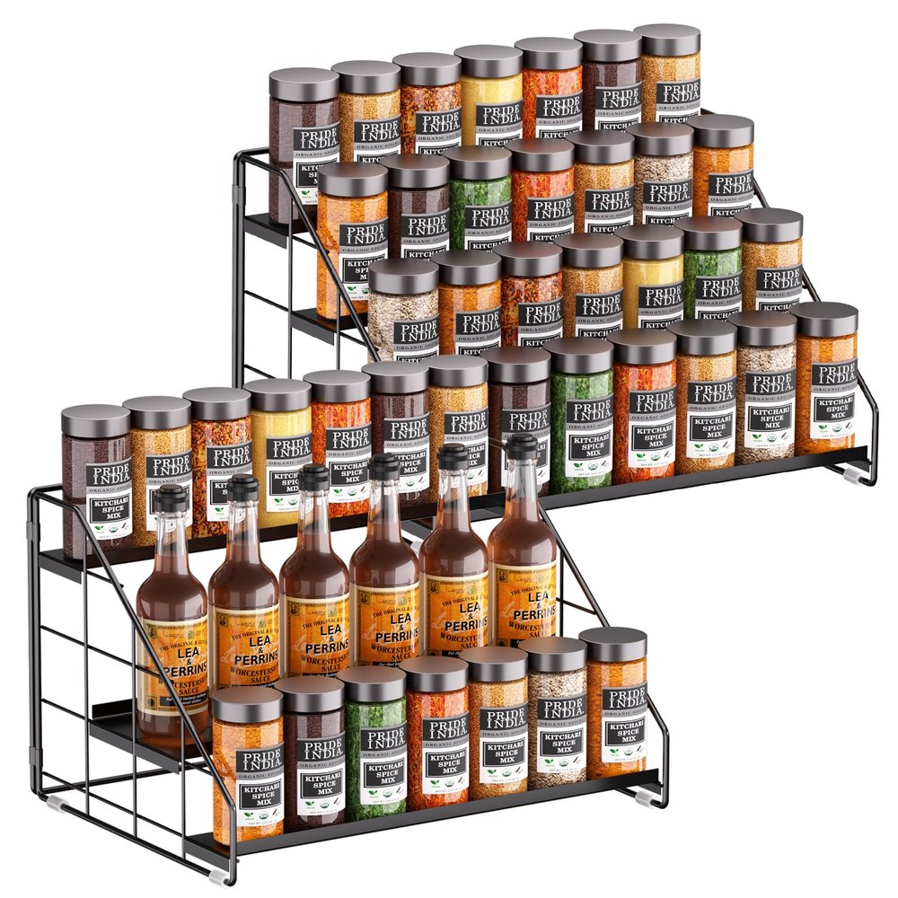 GIGIFTREE 4 Tiered Spice Rack Organizer, 2 Pack Spice Rack Organizer for Cabinet, Tiered Adjustable Spice Shelf for Kitchen Countertop Pantry Organization (Carbon Black)