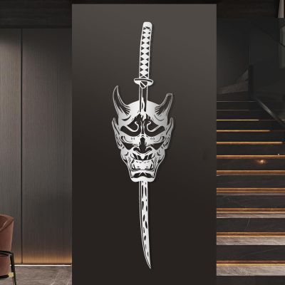LARNT Japanese Katana Metal Wall Art, Japanese Katana Wall Decor, Oni Mask Metal Wall Decor, Japanese Wall Art, Samurai Wall Art, Japanese Katana Home Decor, Game Room Decor (Silver, 6"x24"|15x60cm)