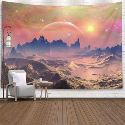 CAPSCEOLL Wall Tapestry Natural Scenery Pink Dreamy Sky Sun Moon Shrouded over Mountains and Waters for Home Dcor 80 X 60 Inch