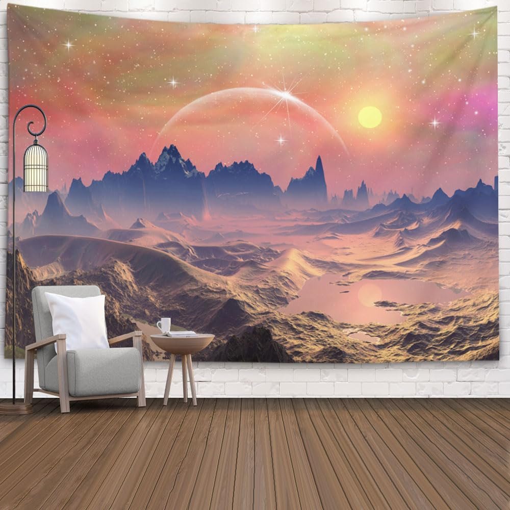 CAPSCEOLL Wall Tapestry Natural Scenery Pink Dreamy Sky Sun Moon Shrouded over Mountains and Waters for Home Dcor 80 X 60 Inch