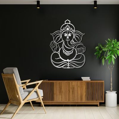Ganesha Metal Wall Art, Lord Ganesha Metal Wall Decor, Ganapati Elephant Modern Art, Indian Gods Wall Decor, Religious Wall Art for Living Room (Silver, 30"x22"/76x56cm)
