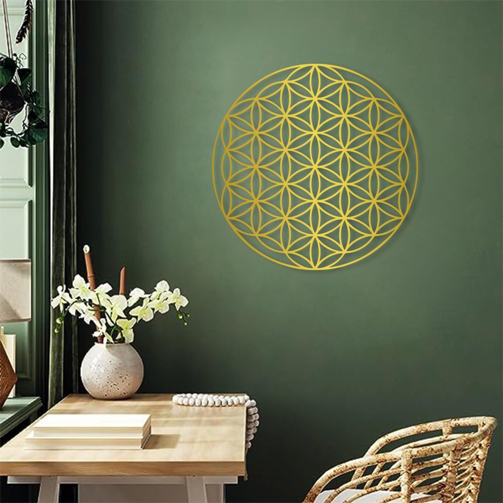 Flower of Life Metal Wall Art, Flower of Life Wall Decor, Geometrical Metal Wall Decor, Sacred Geometry Wall Art, Geometric Wall Art, Round Wall Decor, Wall Decor for Bedroom (Gold, 39 x 39 in / 100 x 100 cm)