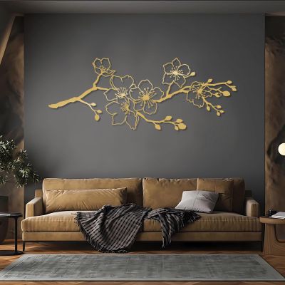 Cherry Blossom Metal Wall Decor, Metal Spring Flower Wall Hanging, Cherry Blossom Tree Wall Art, Flowers Metal Wall Art, Japanese Metal Wall Art, Wall Decor Living Room (Gold, 53"x21" | 135x52cm)
