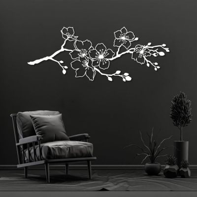 Cherry Blossom Metal Wall Decor, Metal Spring Flower Wall Hanging, Cherry Blossom Tree Wall Art, Flowers Metal Wall Art, Japanese Metal Wall Art, Wall Decor Living Room (White, 53"x21" | 135x52cm)